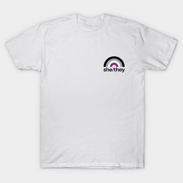 She/They Pronouns Asexual Rainbow T-Shirt by lavenderhearts